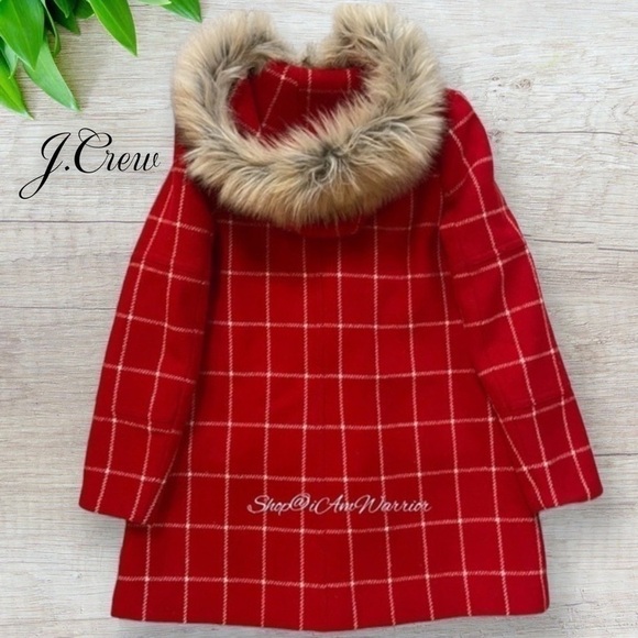 J.Crew lipstick red wool windowpane hooded château parka w/ removable faux trim - Picture 6 of 9